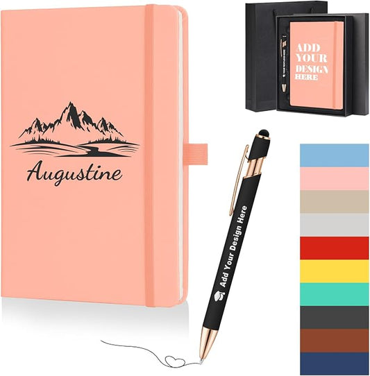 ENOMY Personalized A5 Notebook Gift Set with Custom Pen PU Leather Journal Box, Pink
