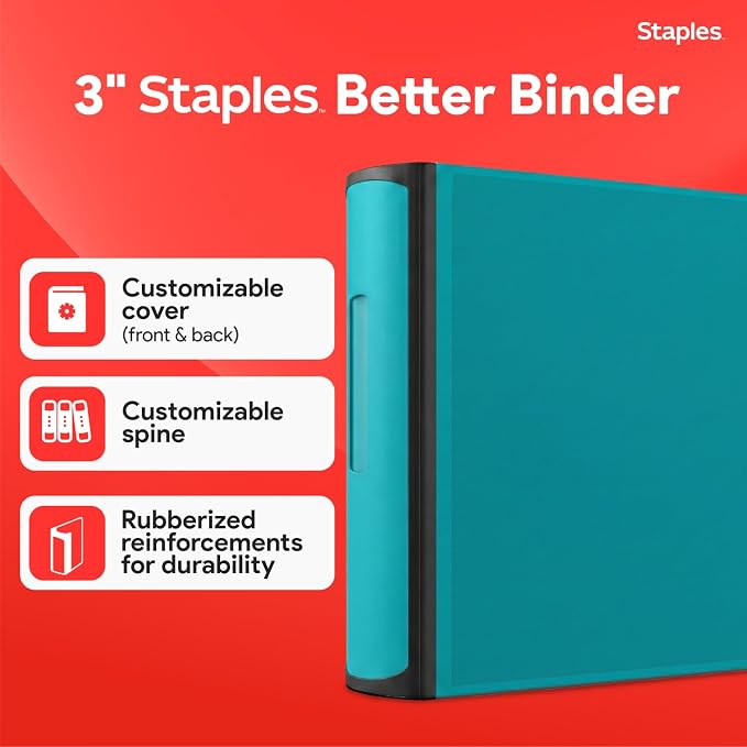 Staples Heavy-Duty 3-Inch D-Ring Binder, Teal – Large Capacity 3-Ring Binder with Pockets, Holds Up to 600 Sheets