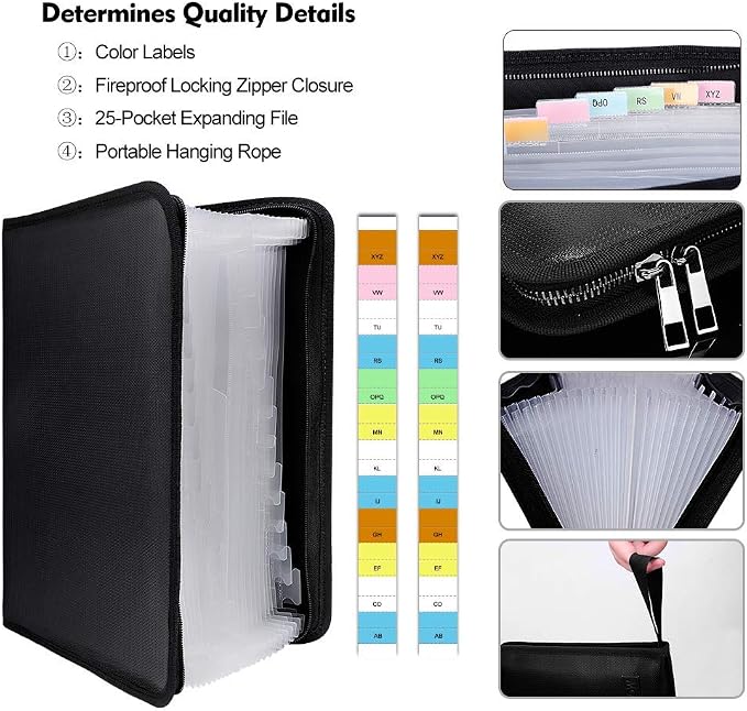 ENGPOW Expanding File Folder,Fireproof 25 Pockets Document Organizer Bag | Accordion File Organizer with Zipper＆Labels,Portable Home Travel Safe Storage for Important Files,Papers,Letter Size,Black