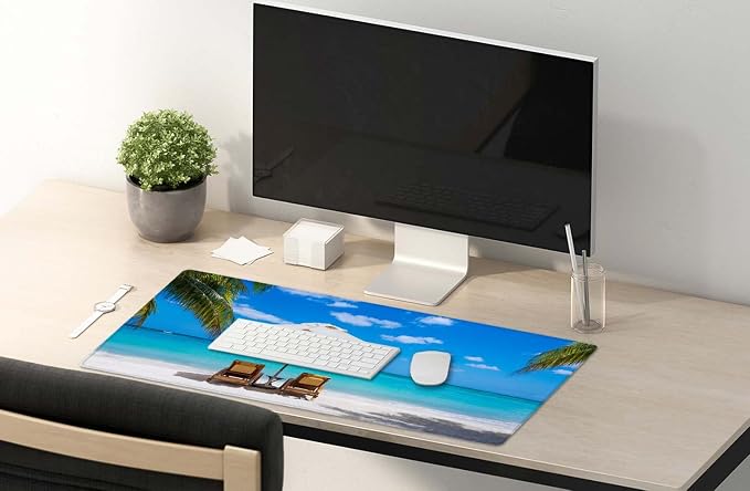 SSOIU Gaming Mouse Pad, Extended Mouse Pad, 35.5x15.7inch XXL Large Big Computer Keyboard Mouse Mat Desk Pad with Non-Slip Base and Stitched Edge for Home Office Gaming Work, Turquoise Tropical Sea