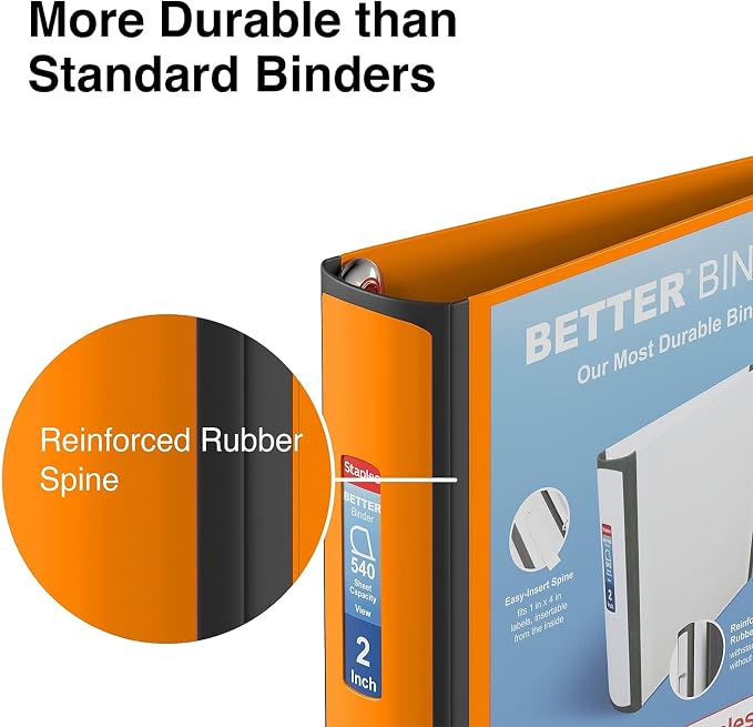 Staples Better Binder, 2" D‑Ring 3‑Ring Binder, Bright Orange, Reinforced Rubber Spine, Durable High‑Capacity Binder for School & Office