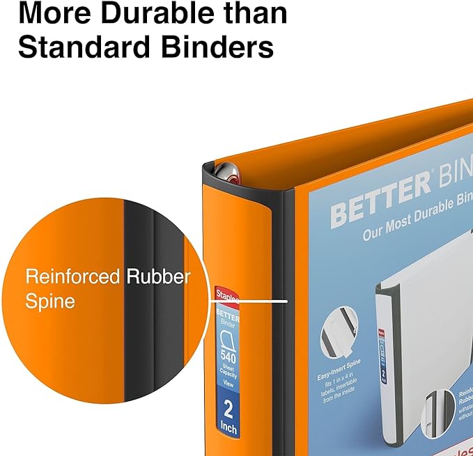 Staples 2‑Inch 3‑Ring Better Binder, Durable View Binder for Office & School Organization, Bright Orange, 2‑Pack