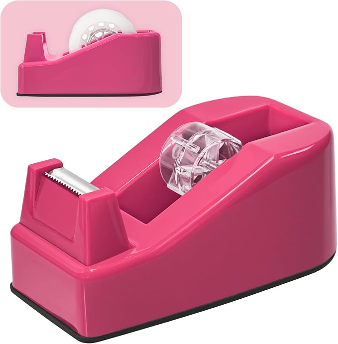Desktop Office Tape Dispenser, Fits Standard 1-Inch Core Tapes, Weighted Non-Slip Base, Sharp Metal Blade, Smooth Cutting, Adhesive Roll Holder for Office, School, Shop, Home & Business - Rose Red