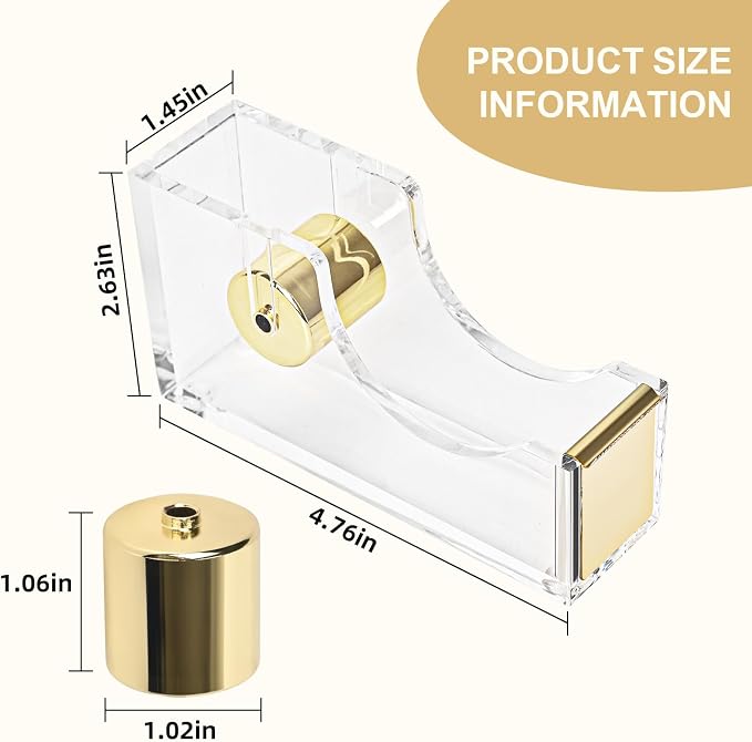 Clear Desktop Tape Dispenser, Modern Acrylic Tape Dispenser Kit, 1 Inch Core Desktop Adhensive Tape Cutter Holder for Office Desk, Home, School-Gold