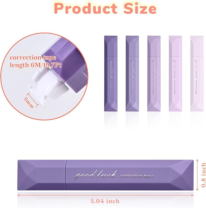 Temiary 5 Pcs White Correction Tapes, Aesthetic Correction Tape Pens Smooth Pull Out, Easy to Use Pen Shaped Applicator for Students School Office Supplies (Purple)