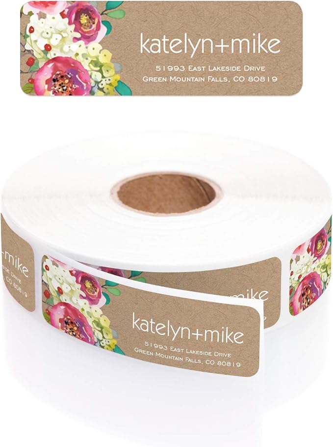 Kraft Faux Look Floral Rolled Address Labels/Roll of 250 Personalized Address Labels/Designer Return Address Stickers in Elegant Plastic Dispenser