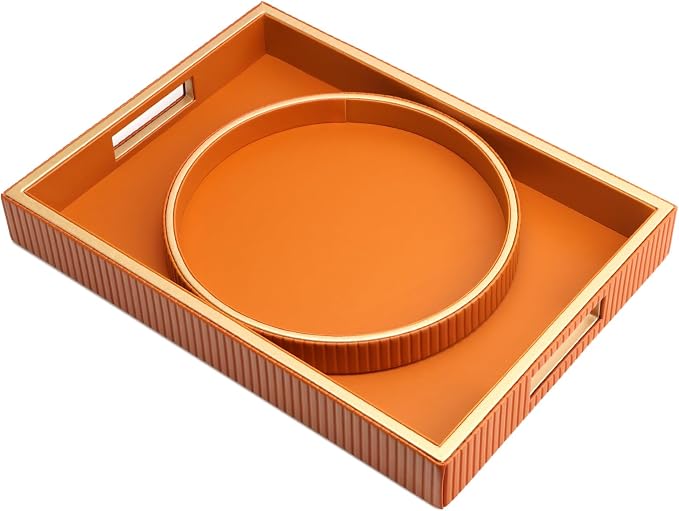 SANZIE Leather Tray Desktop Storage Organizer Premium Serving Tray Decorative Trays Valet Trays for Sundries Cosmetics Phone Wallet Cutlery (Orange Holder with Disc)