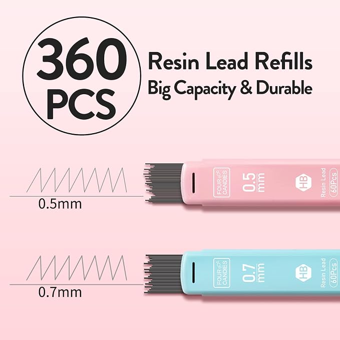 Four Candies Cute Mechanical Pencil Set, 6PCS Pastel Mechanical Pencils 0.5 & 0.7mm with 360PCS HB Leads, 3PCS Erasers and 9PCS Eraser Refills, Aesthetic School Supplies for Girls Writing