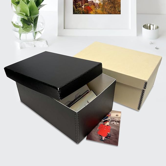 Lineco Archival Photo Card Box, Museum-Quality, 5x8x12 Inch, Tan, 2 Pack | Acid-Free with Removable Lid, Metal-Edge Corner, Bulk Storage and Preservation for Negatives, Prints, Films, Photos, Snapshot