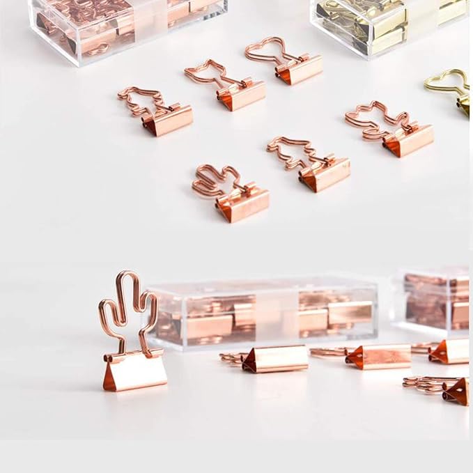 Cactus Binder Clips with Cute Rose Gold Medium Binder Clips in Acrylic Crystal Box for Office School and Home Supplies