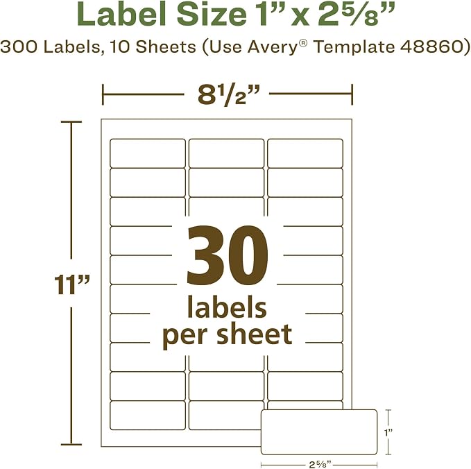 Avery EcoFriendly Recycled Address Labels, 1" x 2-5/8", White, Permanent Label Adhesive, 300 Printable Labels (48860)