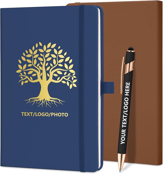 ENOMY Personalized Notebook 10 PC Pens Custom Notebook with Pen Holder Personalized Journal Strap Design for Men Women Ideal Gift, Blue