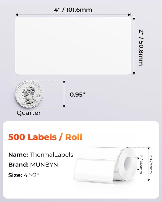MUNBYN 4x2 Thermal Labels, 500 Sheets/1 Roll, White | Strong Adhesive & Perforated, Non BPA&BPS for Small Business, Barcode, Bakery, Inventory, Price Tag