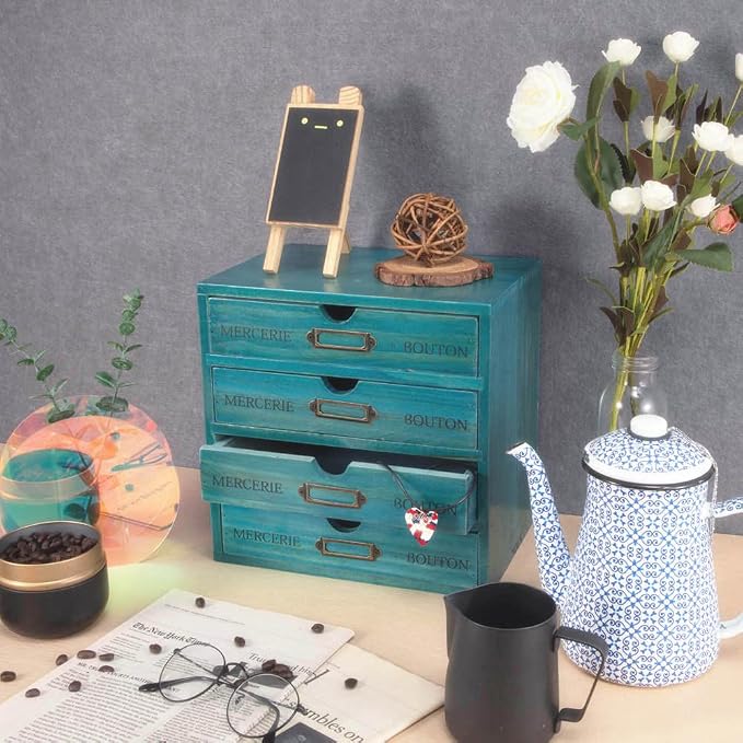 Small Wooden Drawers Wooden Box with Drawer Blue | 4 Drawer Storage Box for Apothecary Cabinet, Apothecary Drawers，Desktop Organizer with Metal Handles for Office，Home