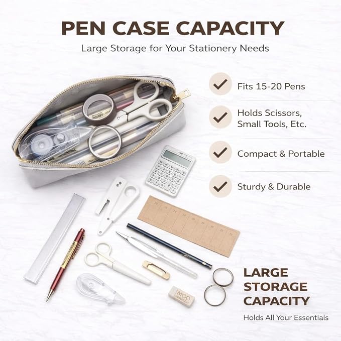 Pencil Case Small Pencil Pouch Slim (Pearl Silver, Faux Leather)