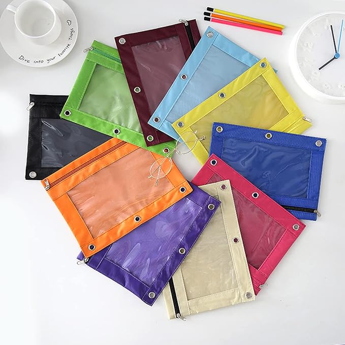 Zippered Pen Pencil Binder Pouch | 3 Rings with Clear Window for School Classroom Organizers 8 Pcs (yellow)