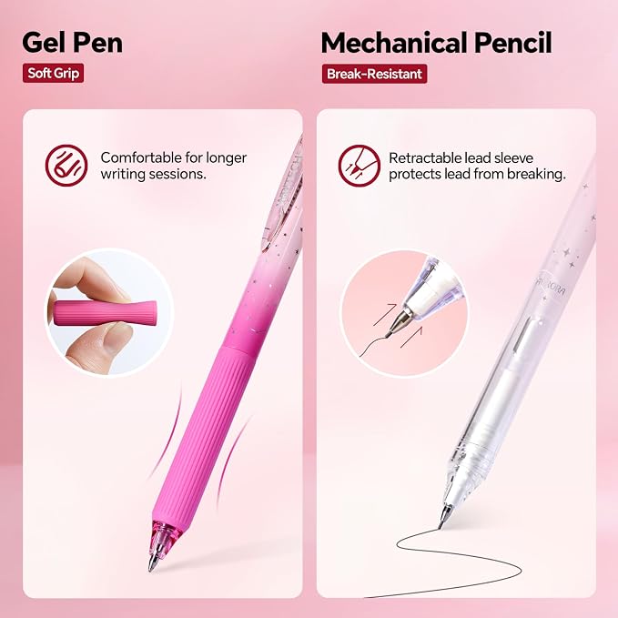 WRITECH Gel Pens Journaling Highlighters: Pink Journal Set Assorted Pastel Color 0.5mm&0.7mm Fine Point Retractable Black Ink Pen Mechanical Pencil Smooth Writing Drawing 8ct
