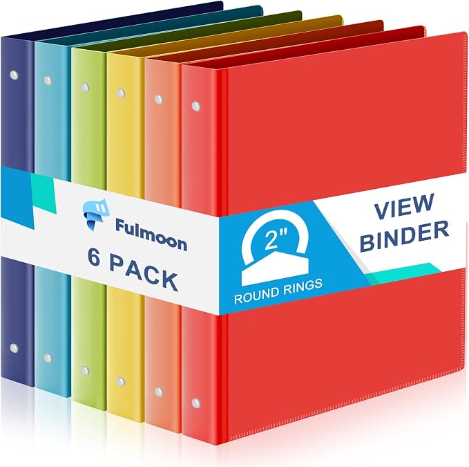 Fulmoon 6 Pack Plastic 3 Ring Binder Assorted Colors Economy Flexible Round Ring Presentation Binders with Pocket for Office School Meeting(2 Inch,Rainbow Colors)