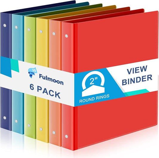 Fulmoon 6 Pack Plastic 3 Ring Binder Assorted Colors Economy Flexible Round Ring Presentation Binders with Pocket for Office School Meeting(2 Inch,Rainbow Colors)