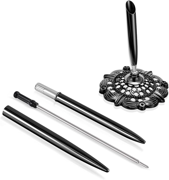 Hollow Round Pen Holder Signing Pen Set for Wedding Bridal Opening Ceremony Graduation Offic, Black…