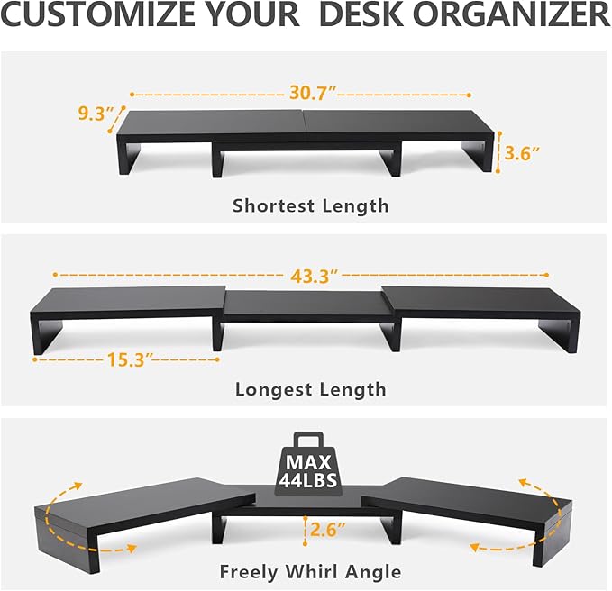 TAVR Monitor Stand Riser, Office Desktop Organizer Stand for 2 Monitors | Adjustable Length and Angle 3 Shelf, Extra Long Multifunctional Wooden Stand up to 43.3" fit Computer, Laptop, TV, Black