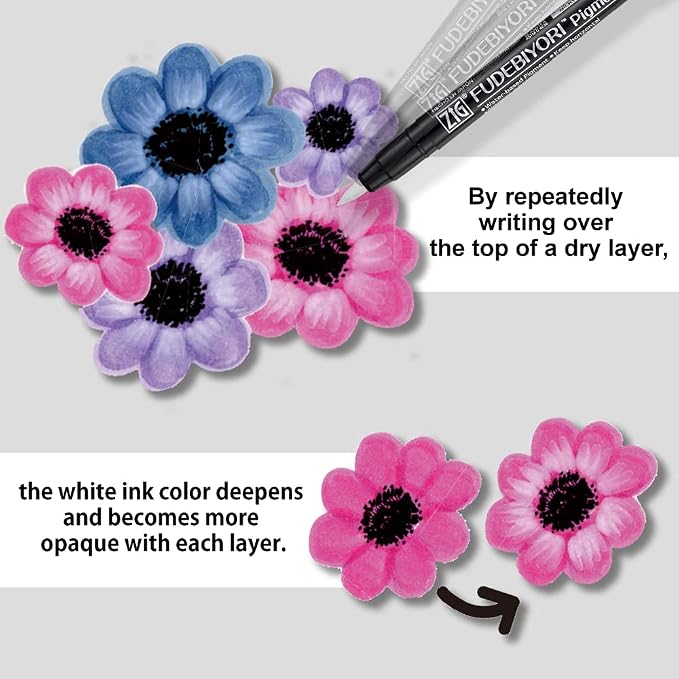 Kuretake ZIG FUDEBIYORI PIGMENT Milky White 3 pens set, For Lettering, Illustlation, AP-Certified, Flexible Hard brush tip, Effective on black paper, Professional quality, Made in Japan