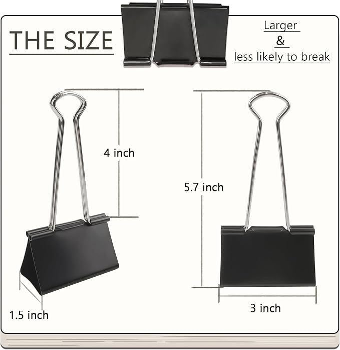 3-Inch Extra-Large DSTELIN Binder Clips - Heavy-Duty Black Paper Clamps, 75mm Width, 8-Count Set for Office Organization