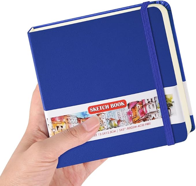 5x5" Pocket Sketch Book,80gsm Hardcover Art Sketchbook for Drawing Journal | PU Cover,Blank Paper,96Sheets/192Pages,Lay-Flat,Portable Travel Creation Paint Diary Memo Planner,Dry Media.Sapphire Blue