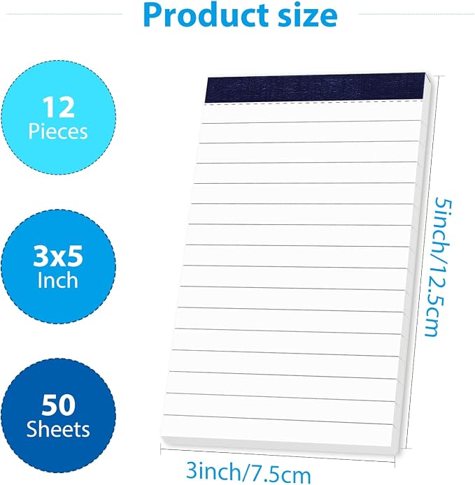 12 Pack Note Pads 3x5 Inch Small Lined Writing Memo Pads 3x5 Writing Pads | 3x5 Notepads with 50 Sheets Each Pad Narrow Ruled Mini Pocket Notepad for Daily Planning and Organization of Work Home School