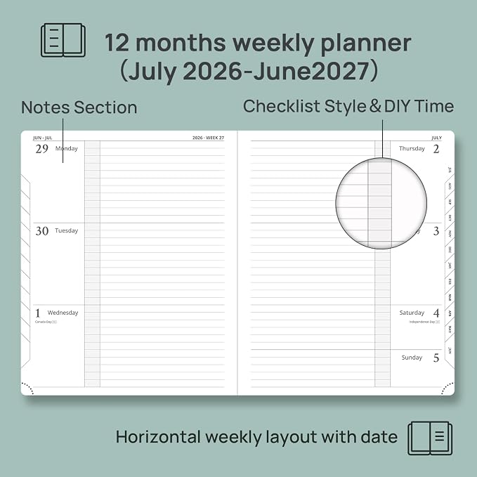 POPRUN Planner 2026-2027 (Large 8.5"x10.5"), Academic Year Weekly Planner | Calendar Book Jul.2026 - Jun.2027, Appointment Book with Monthly Tabs, Leather Hardcover, Inner Pocket, 100GSM - Soft Pink
