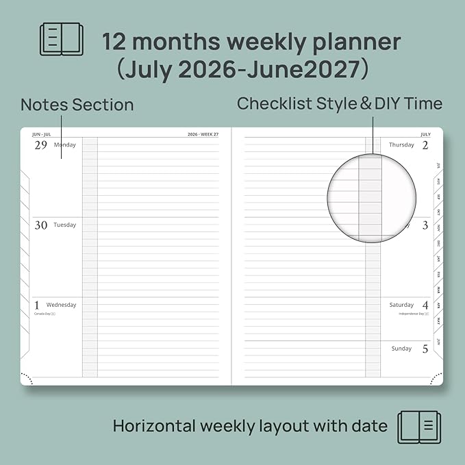 POPRUN Planner 2026-2027 (Large 8.5"x10.5"), Academic Year Weekly Planner | Calendar Book Jul.2026 - Jun.2027, Appointment Book with Monthly Tabs, Leather Hardcover, Inner Pocket, 100GSM - Army Green