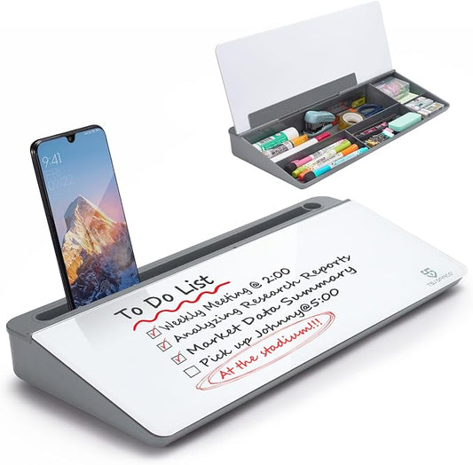Small Desktop Glass Whiteboard Dry-Erase-Board - Computer Keyboard Stand White Board Surface Pad with Drawer, Desk Organizers with Accessories for Office, Home, School Supplies - Grey