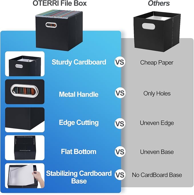 Oterri File Organizer Box, Portable Collapsible Cardboard File Folder Organizer with Handle for Letter Size Hanging Files, Document Storage Box for Home Office & Classroom (1 Pack, Black)