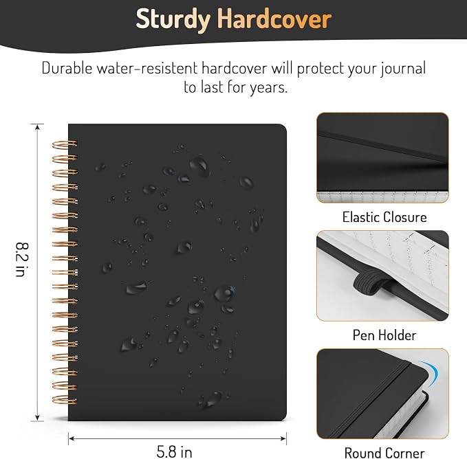 Forvencer Lined Spiral Journal Notebook with 300 Numbered Pages, A5 Thick Journals for Writing with 100GSM Paper, Hardcover Notebooks with Contents for Work, School, Women, Men, Black