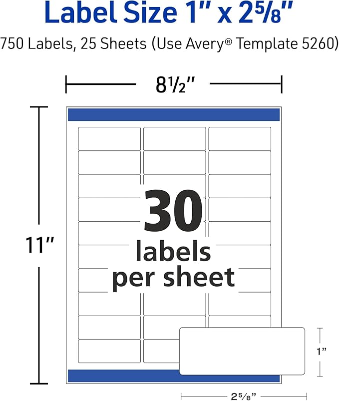 Avery Easy Peel Printable Address Labels with Sure Feed, 1" x 2-5/8" Customizable Stickers, White, 750 Blank Mailing Labels, Great for Mailing, Shipping, and More (5260) (Pack of 5)