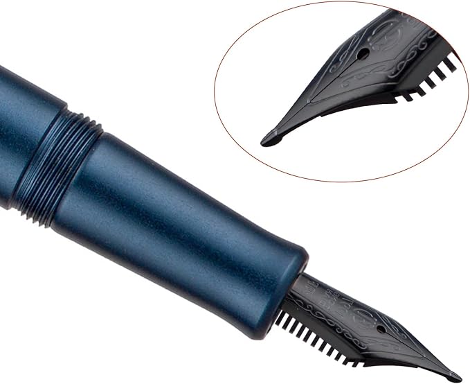HONG DIAN M2 Black Forest Mini Fountain Pen, Long Blade Nib & Sleek Shape Aluminium Short Pocket Travel Pen (Midnight Blue)