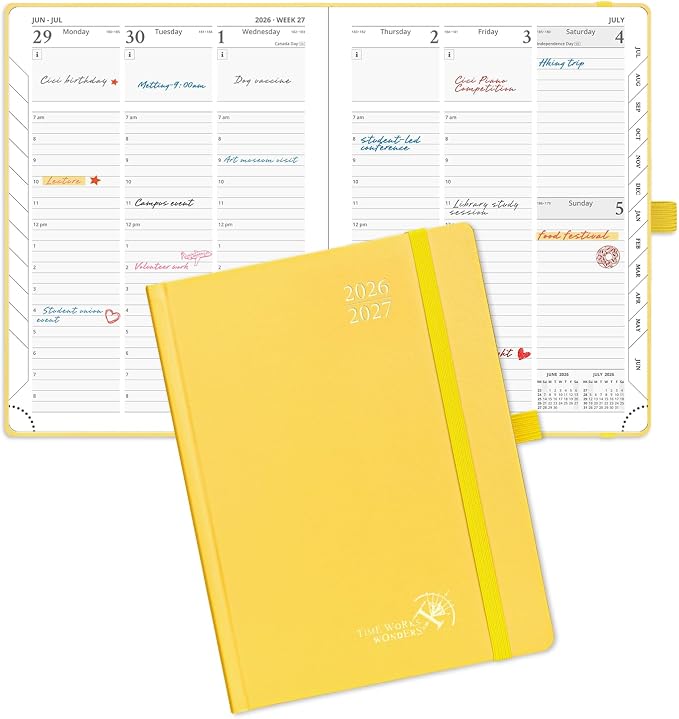 POPRUN 2026-2027 Academic Planner, 6.5" x 8.75", Weekly and Monthly Calendar, July 2026 to June 2027, Hardcover Appointment Book with Vertical Layout, Hourly Time Slots, Monthly Tabs - Light Yellow