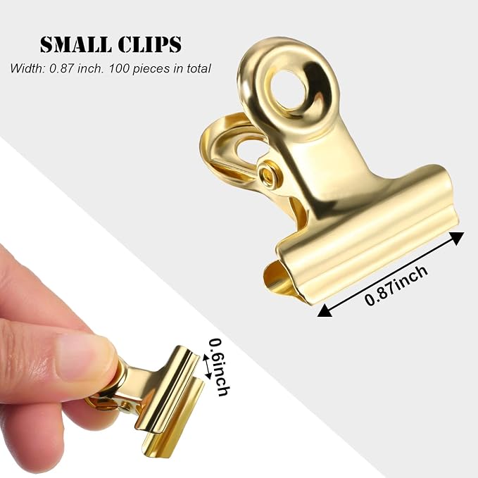 Boao 100 Pcs Mini Gold Metal Clips Small Gold Binder Clips Bulk for Photos, Maps, Drawings, Art Work, Papers, Price Tag, 0.87 Inch