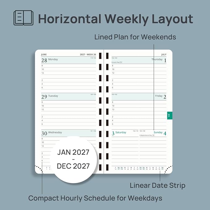 POPRUN 2027 Pocket Planner (Slim 3.5'' x 6.5'') Weekly and Monthly Calendar | 2027 Pocket Calendar(Jan - Dec) Appointment Book with Hourly Time Slots, Monthly Tabs, Spiral Leather Cover - Pacific Green