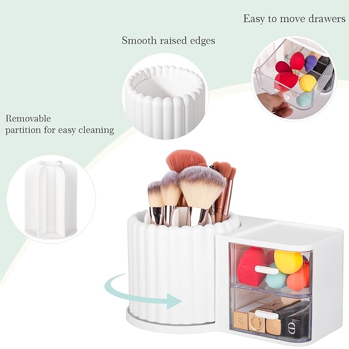Rotating Makeup Brush Holder Organizer with Removable Dividers, White | 7 Slots Make Up Brush Organizer with Drawer 360 Spinning Cosmetic Storage Pen Holder for Desk, Vanity, Dresser