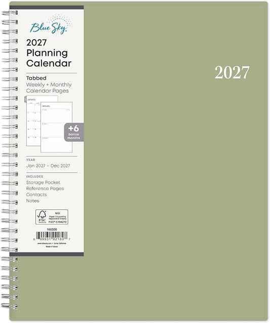 Blue Sky 2027 Weekly & Monthly Planner, 8.5"x11", Enterprise Sage Green | January 2027 - December 2027, Flexible Cover, Durable Twin Wire Binding, Laminated Tabs, Storage Pocket
