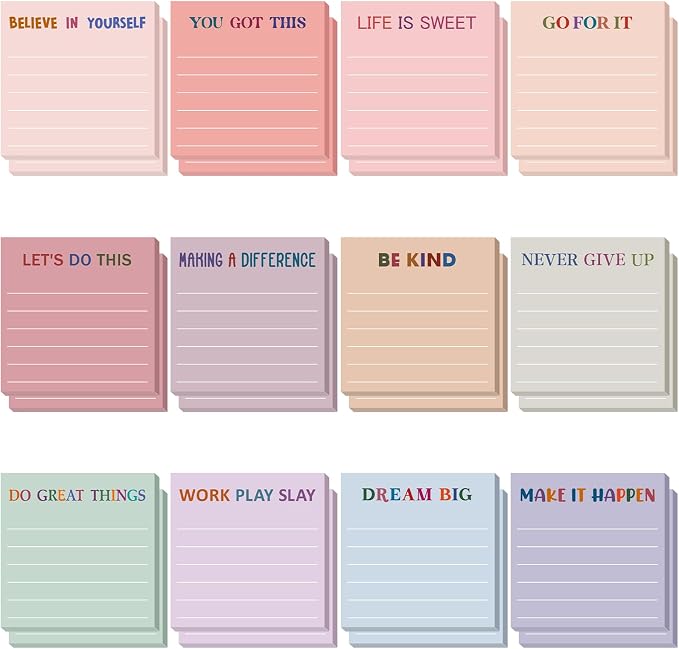 Yinder 24 Pcs Inspirational Sticky Notes, Back to School Supplies, Cute Motivational Sticky Notes Pad Employee Appreciation Gifts Bulk for Teacher Coworker Office 3 x 3'' (Motivational,Aesthetics)