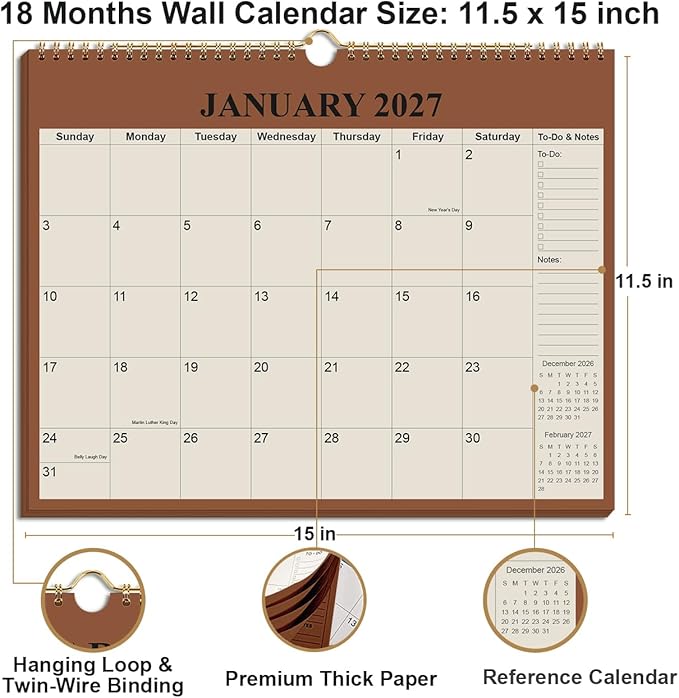 Calendar 2026-2027 - 18 Months Wall Calendar from July 2026 - December 2027, 2026-27 Wall Hanging Calendar Planner with Thick Paper, 12" x 14.5", Beige
