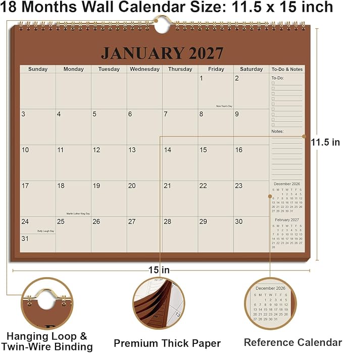 Calendar 2026-2027 - 18 Months Wall Calendar from July 2026 to December 2027, 2026-2027 Wall Hanging Calendar Planner with Thick Paper, 12" x 14.5", Cyan