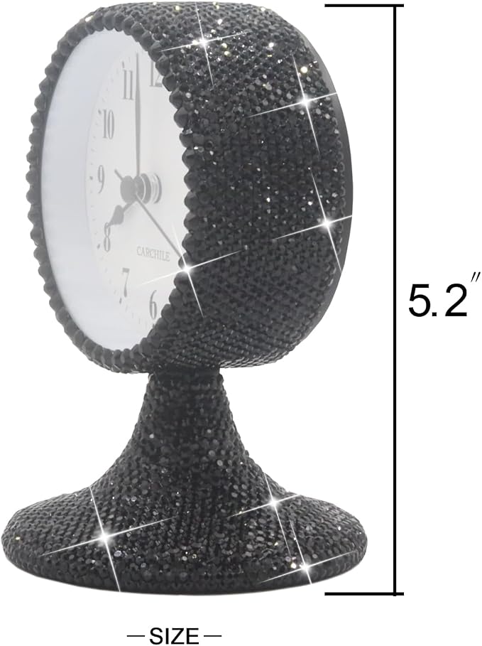 Luxury Rhinestone Alarm Clock Morning Call Super Silent Non Ticking Handmade Fashion Design for Bedroom Houseroom Living Room Desk Cute As Gift AR (Black)
