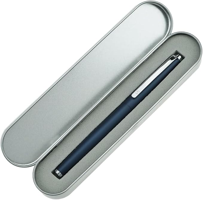 HongDian 525 Blue Metal Fountain Pen Bent Nib, Calligraphy Fude Pen 0.6mm with Converter and Metal Box Set