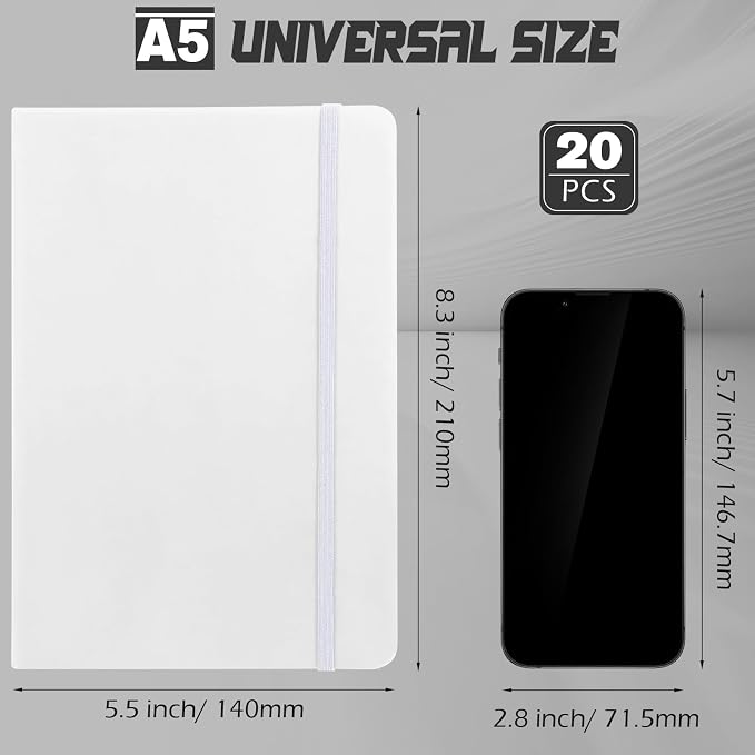 Honoson 20 Pack A5 Lined Journal Notebooks Hardcover Executive Notebook 5.5" x 8.3" PU Leather Wide Ruled Journals Bulk 160 Pages for Back to School Supplies Office Business Home (White)