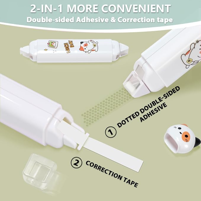 2 in 1 Correction Tape and Double Sided Tape Roller, Cute Quick Dry Japan White correction tape,with Permanent Double Sided Adhesive Tape Roller,for School Office Supplies
