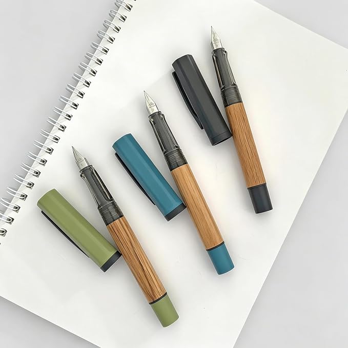 Jinhao 58 Natural Oak Wood Fountain Pen Set, 3-Pack (Blue/Green/Ebony) | Value 3-pack curated wood pens with protective felt pouch & ink converters. Perfect elegant gift for office & journaling.