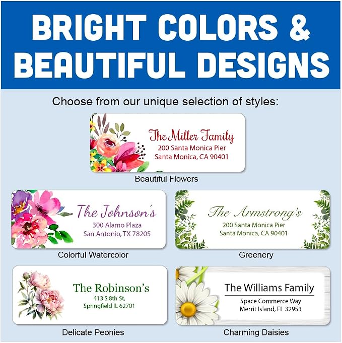 Personalized Return Address Labels - Elegant Flowers Designs - Self Adhesive Stickers (from 60 to1020 Labels), 2-5/8 x 1 inch Labels, in 8.5 x 11 inch Sheets.